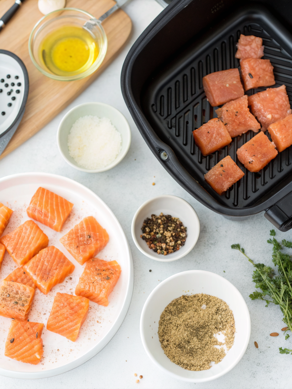 air fryer salmon bites recipe preparing steps